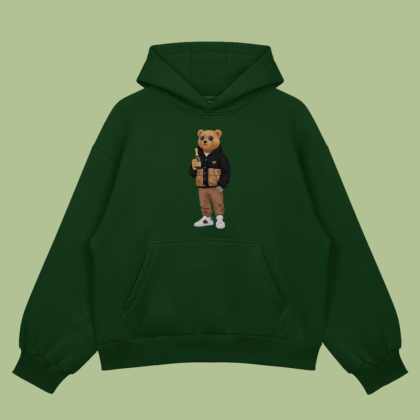 Party Lover Teddy Bottle Green Oversized Hoodie (Heavyweight)