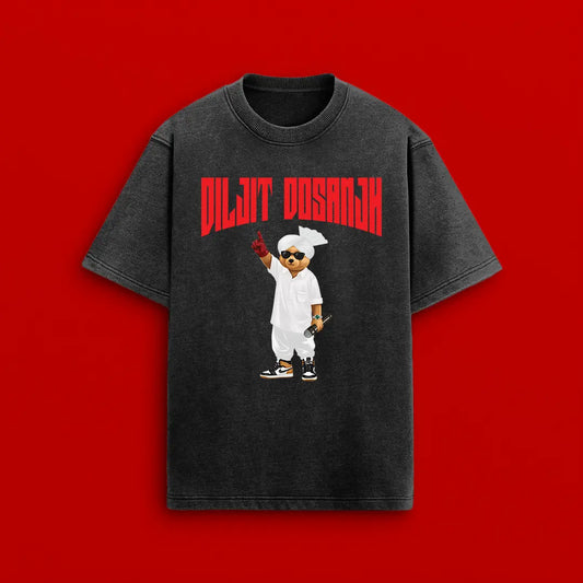 Diljit Dosanjh Teddy Black Acid Wash Oversized T-shirt